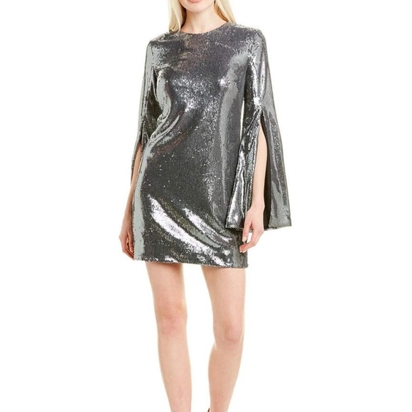 Dress The Population 
Liza Silver Sequined Cape Sleeve Mini Cocktail Dress SZ S - Picture 1 of 16